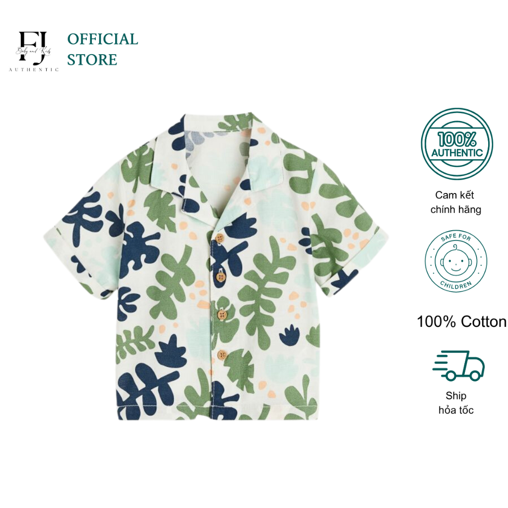 Áo sơ mi họa tiết lá xanh bé trai HM áo ngắn tay chất liệu cotton chính hãng cho bé 9 tháng đến 4 tuổi