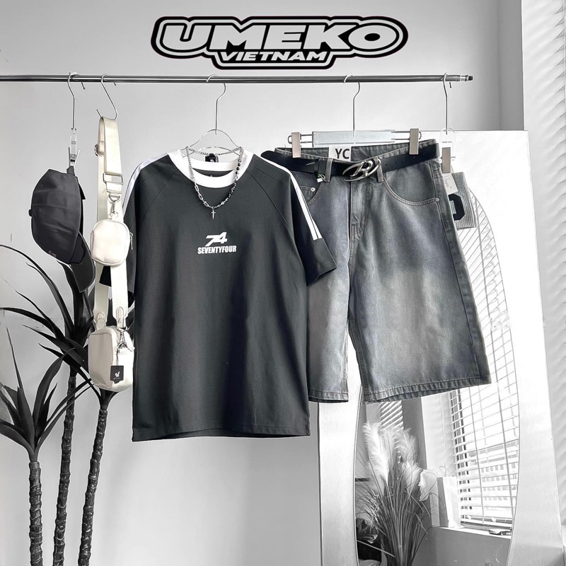 UMEKO Set LIMON Unisex Gồm Áo Thun N74 Form Rộng Tay Lỡ Màu Xám Và Quần Short Jean Form Rộng Baggy Màu Xám Wash Trắng