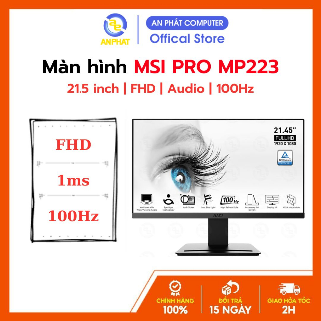 Màn Hình Gaming MSI PRO MP223 (21.45 inch - FHD - VA - 100Hz - 1ms - EyesErgo - DisplayKit) - Hàng chính hãng