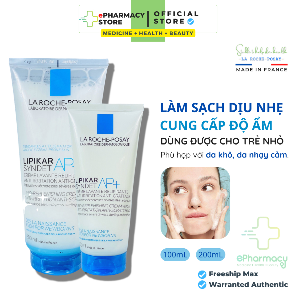 LA ROCHE-POSAY Sữa Rửa Mặt Sữa Tắm Lipikar Syndet AP+ Cream Wash cho da khô nhạy cảm, mẫn ngứa