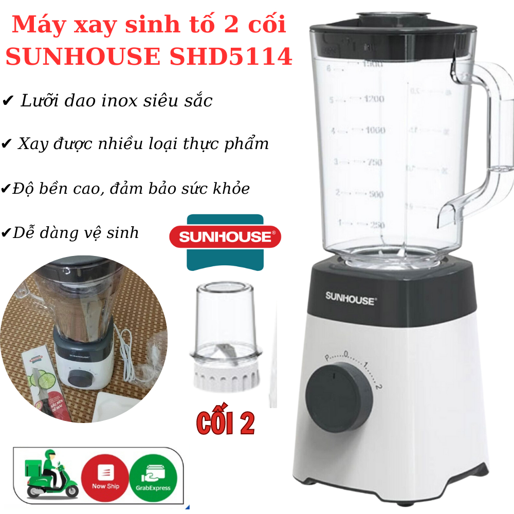 Máy xay sinh tố đa năng 2 cối SUNHOUSE SHD5114, Công suất 450W, An toàn, Bảo hành 12 tháng