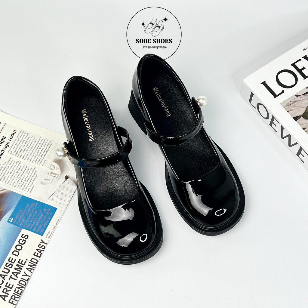 Giày Mary Jane Đế Cao Mũi Tròn Da Bóng