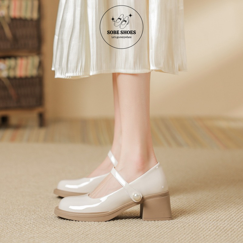 Giày Mary Jane Đế Cao Mũi Tròn Da Bóng