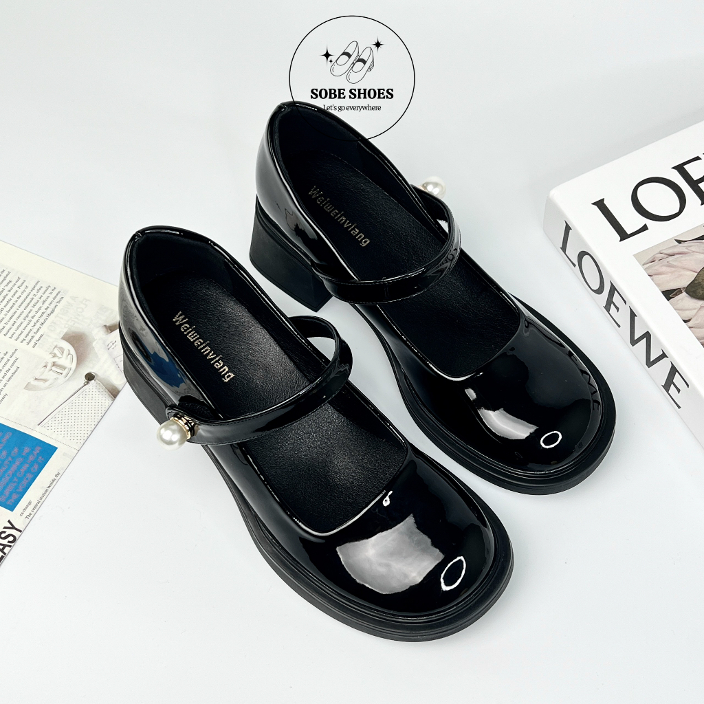 Giày Mary Jane Đế Cao Mũi Tròn Da Bóng