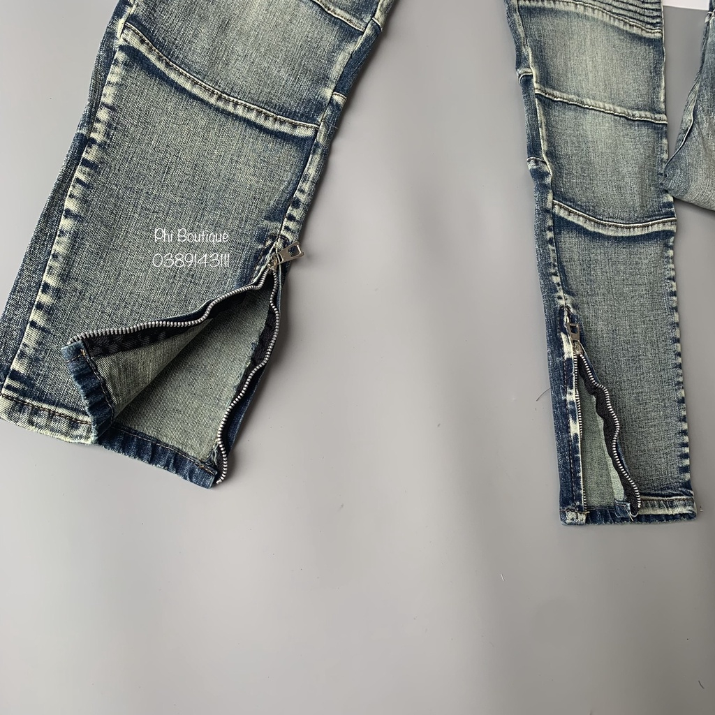 Quần Jean BATMAN Xanh Bụi Phối Đùi Vải Nhăn Khoá Zip Quần Bò Nam Đùi Nhăn Phối Khóa Ngang