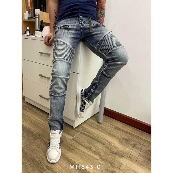 Quần Jean BATMAN Xanh Bụi Phối Đùi Vải Nhăn Khoá Zip Quần Bò Nam Đùi Nhăn Phối Khóa Ngang