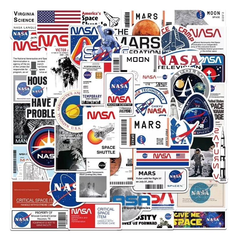 Set 50 miếng dán sticker phi hành gia NASA trạm không gian dán nón mũ bảo hiểm laptop vali sổ tay đàn guitar điện thoại