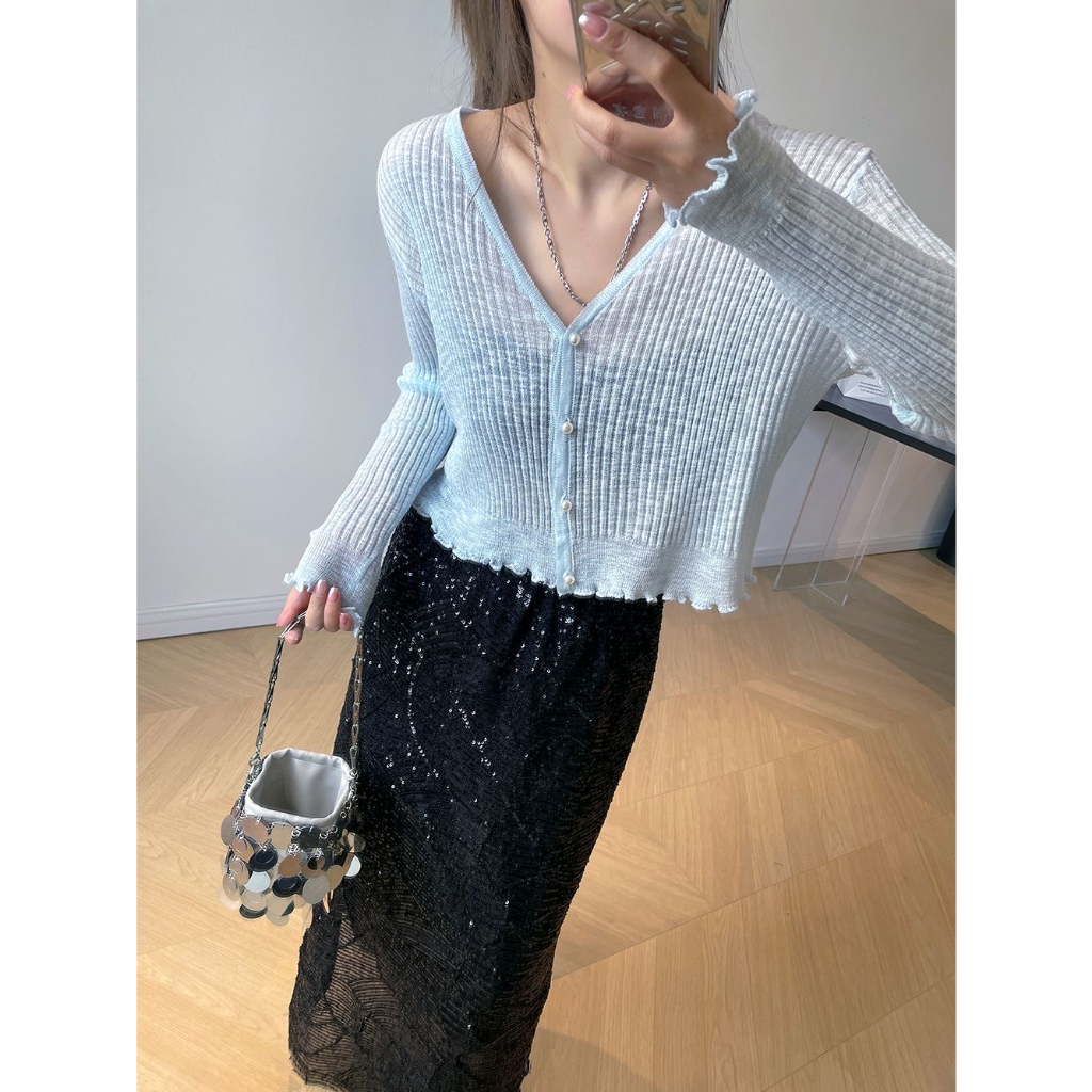 Áo khoác cardigan gân nút ngọc trai mùa hè - Nhakholiti AK604