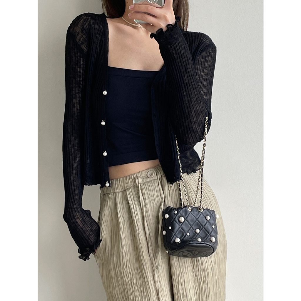 Áo khoác cardigan gân nút ngọc trai mùa hè - Nhakholiti AK604