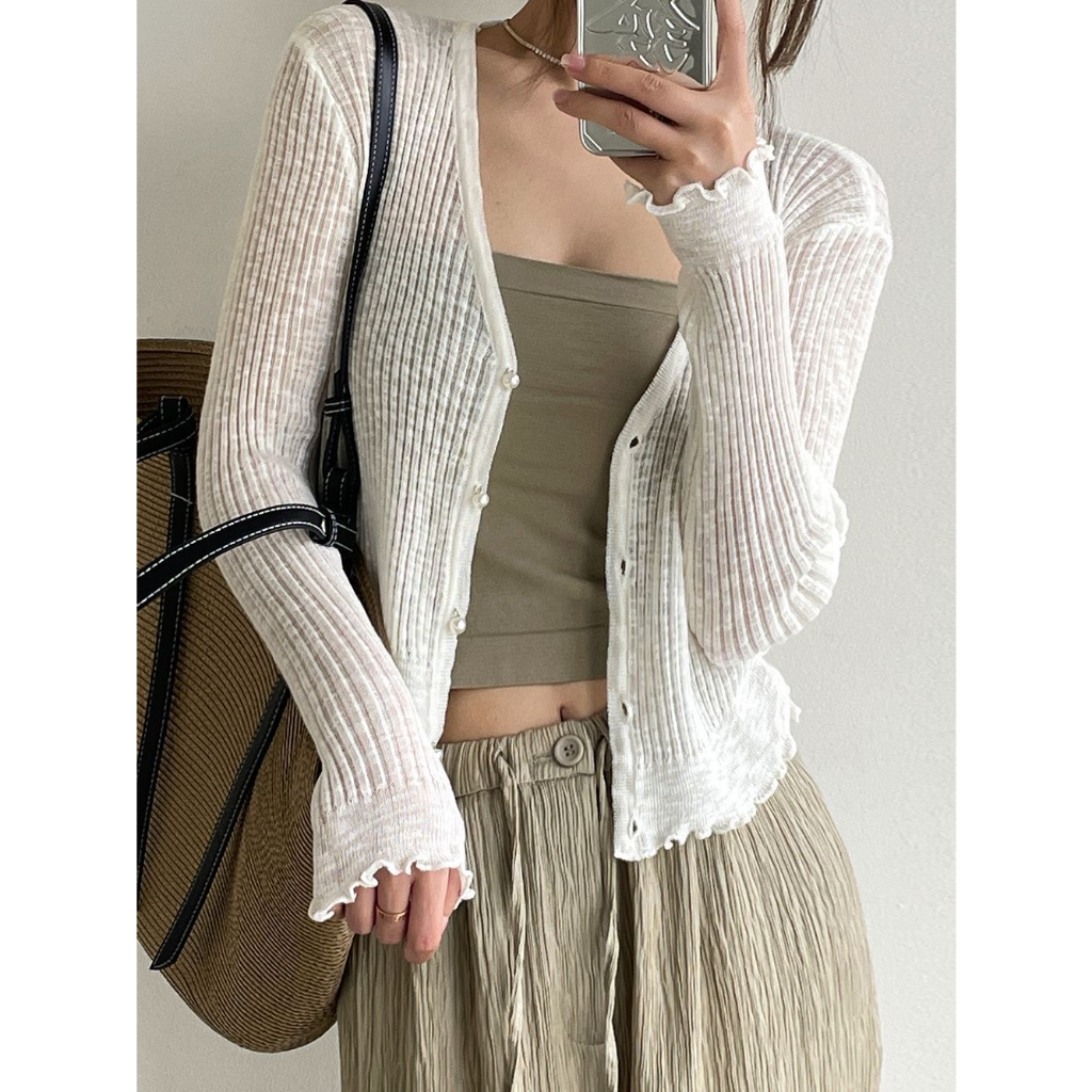 Áo khoác cardigan gân nút ngọc trai mùa hè - Nhakholiti AK604