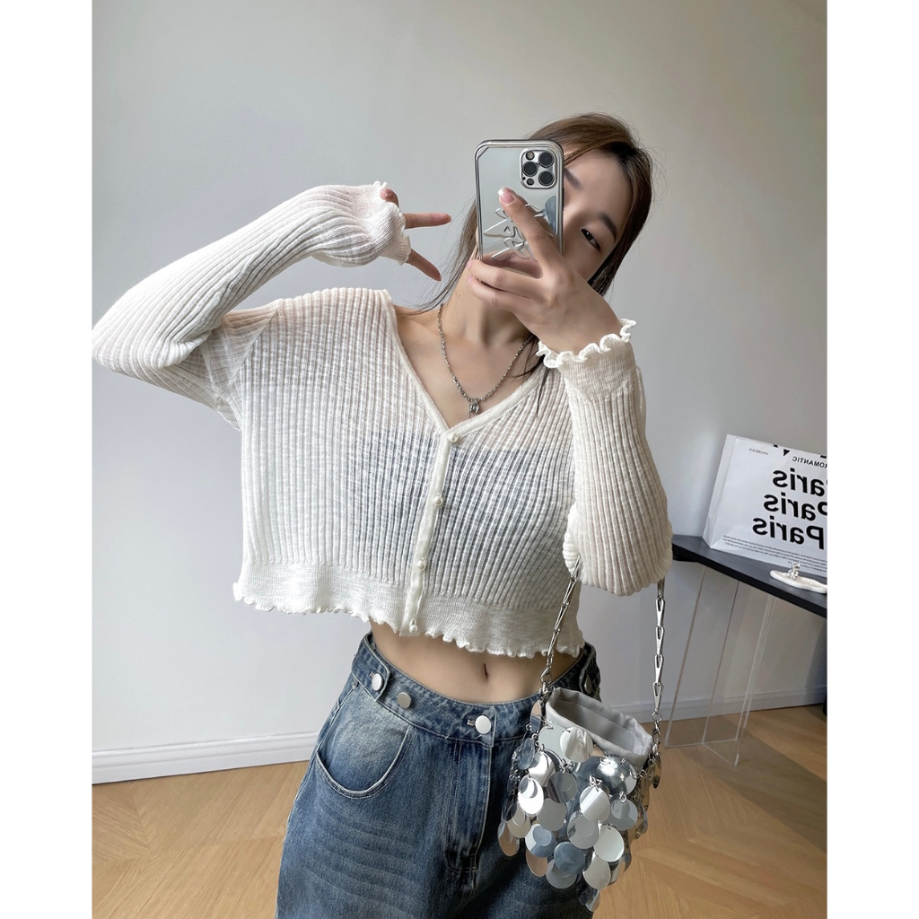 Áo khoác cardigan gân nút ngọc trai mùa hè - Nhakholiti AK604