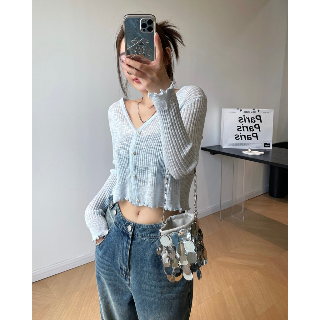 Áo khoác cardigan gân nút ngọc trai mùa hè - Nhakholiti AK604