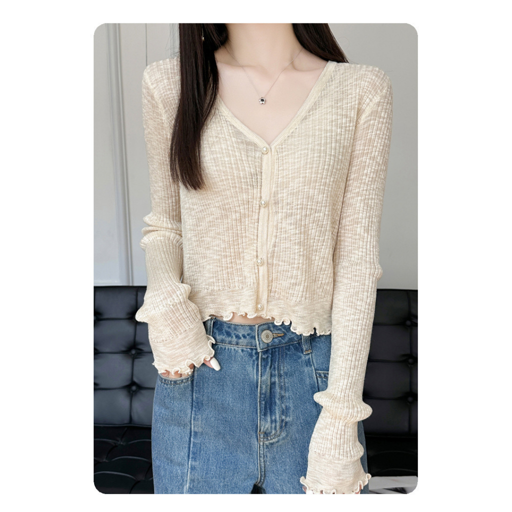 Áo khoác cardigan gân nút ngọc trai mùa hè - Nhakholiti AK604