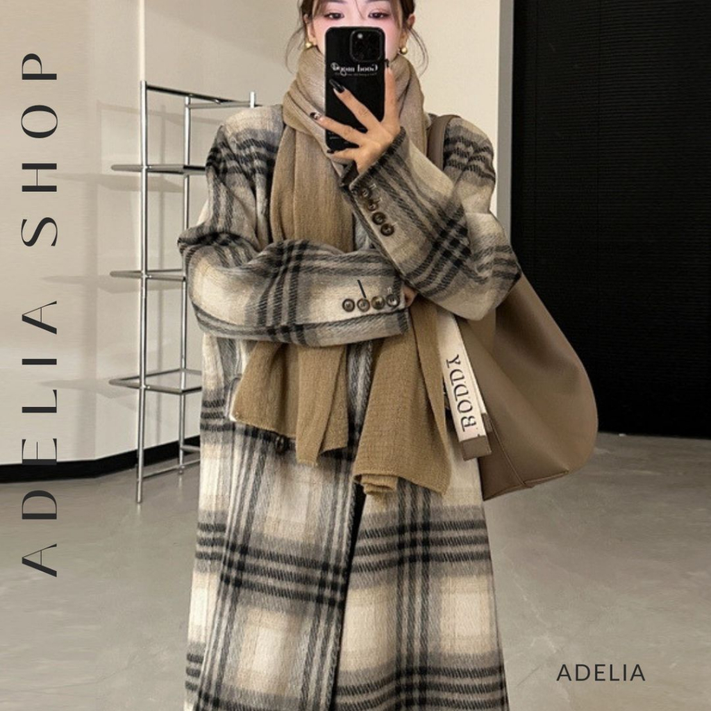 「ADELIA」Áo Dạ Cao Cấp Dáng Dài TD32 Hàng Quảng Châu Cao Cấp Kẻ Sọc Phong Cách Hàn Quốc, Áo Khoác Cashmere 2 Mặt