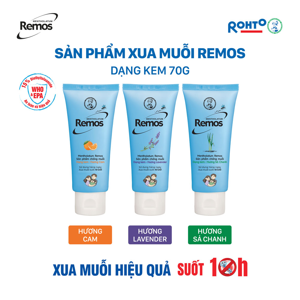 [VB] Bộ 4 sản phẩm Kem chống muỗi Remos: 2 Remos hương Cam 70g + 2 Kem Remos Baby 70g +TẶNG Kem Remos hương Lavender 70g