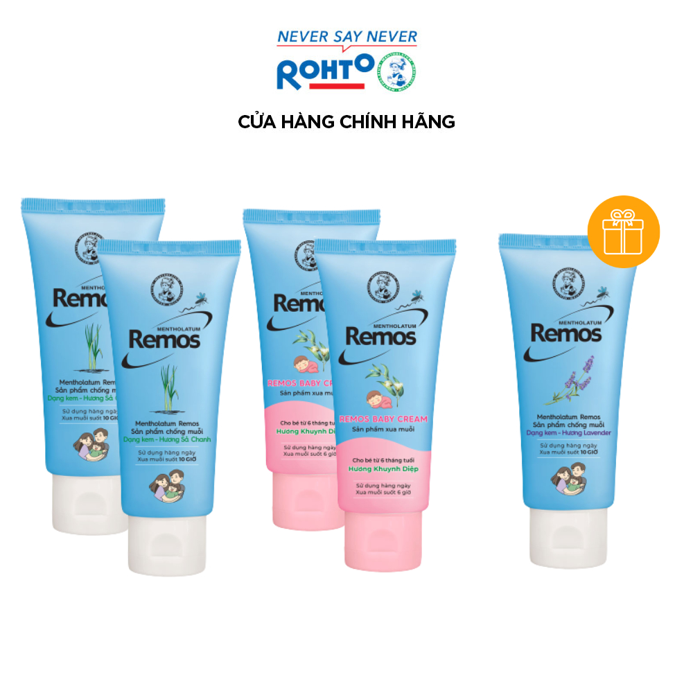 [VB] Bộ 4 sản phẩm Kem chống muỗi Remos: 2 Remos hương Sả chanh 70g + 2 Kem Remos Baby 70g + TẶNG Kem Remos Lavender 70g