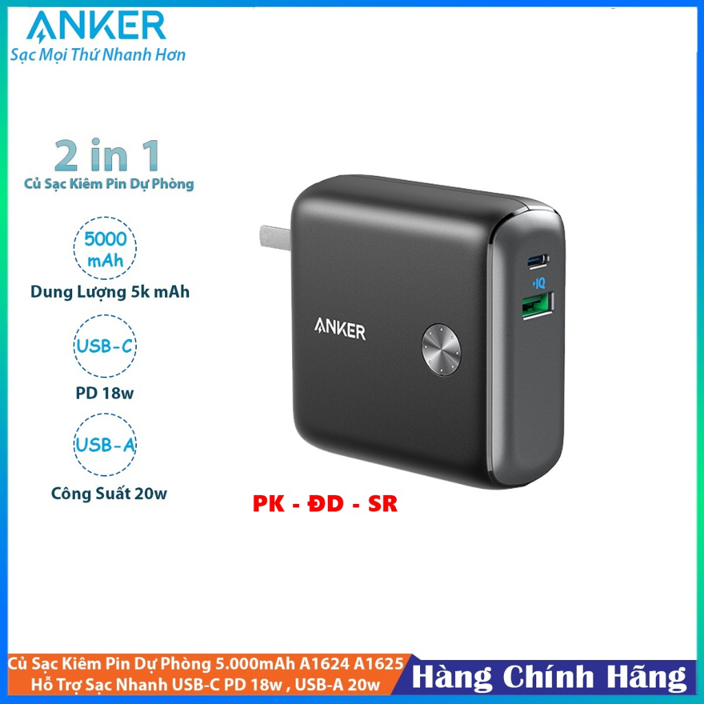Cốc - Củ Sạc Kiêm Pin Dự Phòng 5000 mAh Anker Fusion III A1625 Sạc Nhanh PD 18W - USB 20W VOOC - Siêu Rẻ