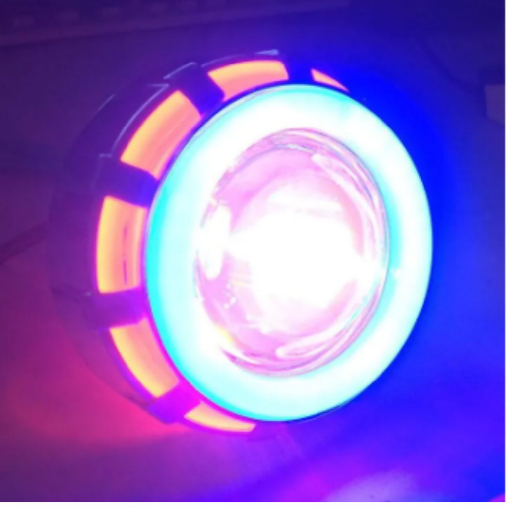Đèn pha bi cầu, đèn pha led bi cầu viền xanh, ánh sáng 7 màu