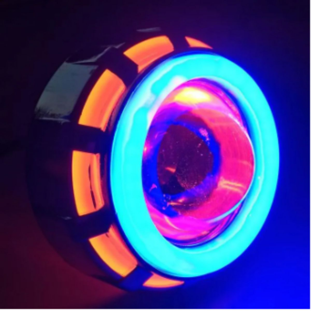 Đèn pha bi cầu, đèn pha led bi cầu viền xanh, ánh sáng 7 màu