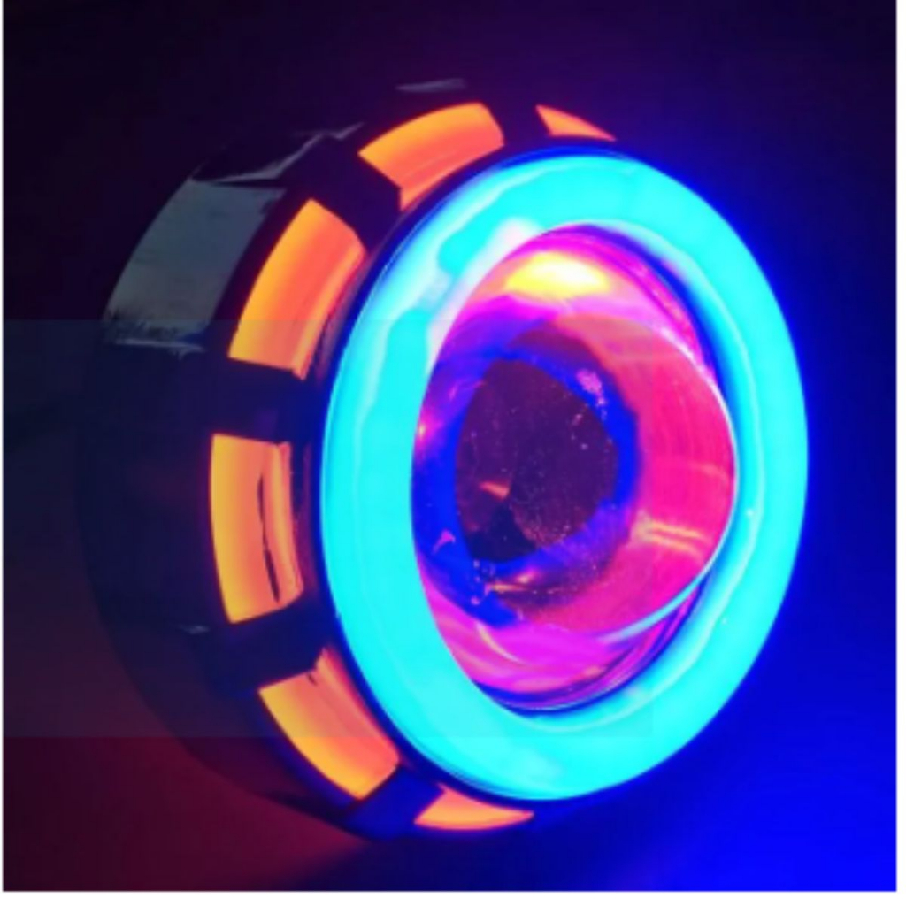 Đèn pha bi cầu, đèn pha led bi cầu viền xanh, ánh sáng 7 màu