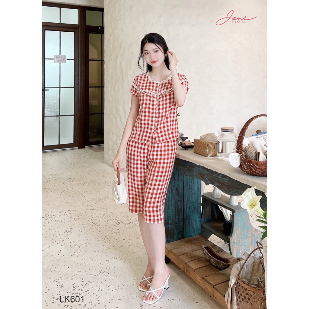 Set đồ kẻ phối ren trẻ trung, set đồ kẻ mặc nhà thiết kế cao cấp Jane LK60
