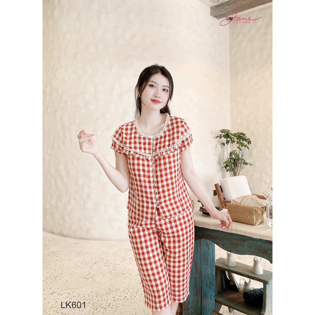 Set đồ kẻ phối ren trẻ trung, set đồ kẻ mặc nhà thiết kế cao cấp Jane LK60