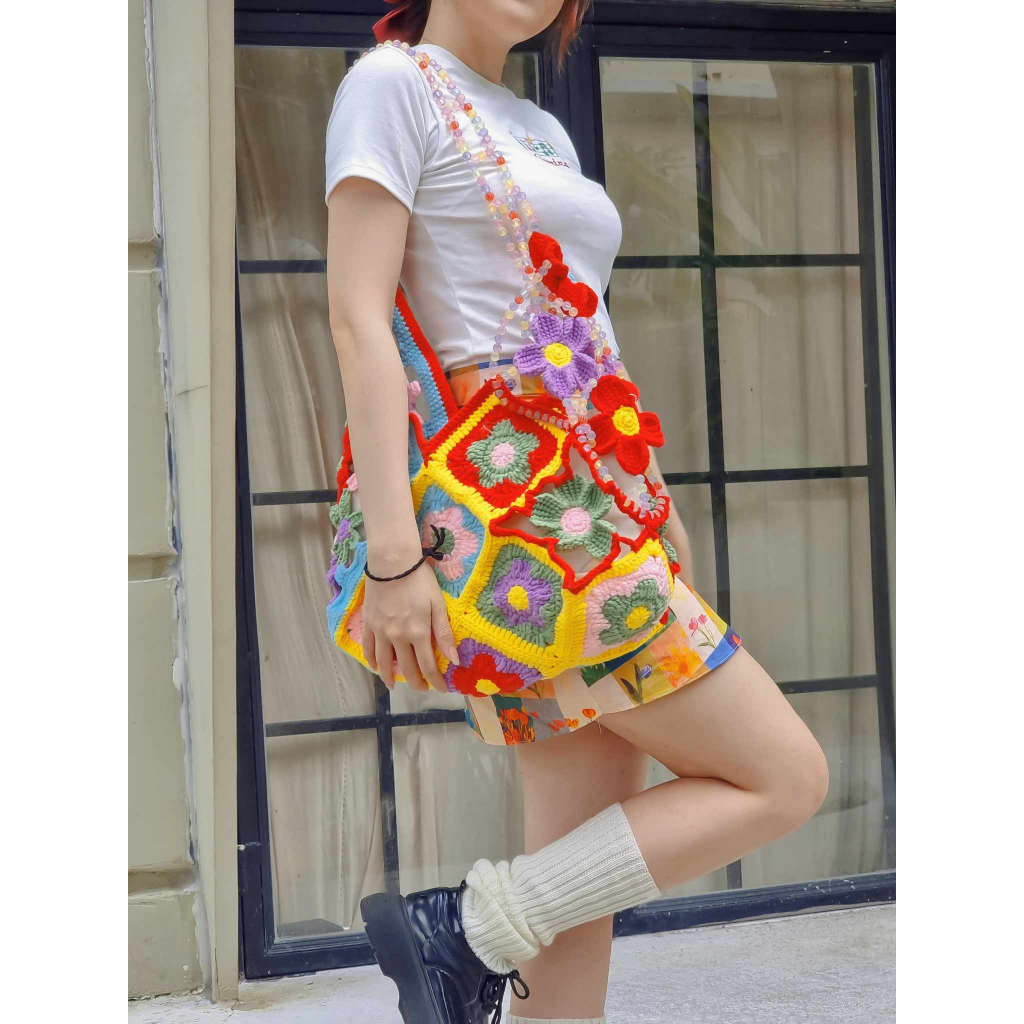 Túi Len Hoa Pastel Dây Cườm Handmade - Nhận mix theo yêu cầu/Đơn cần gấp