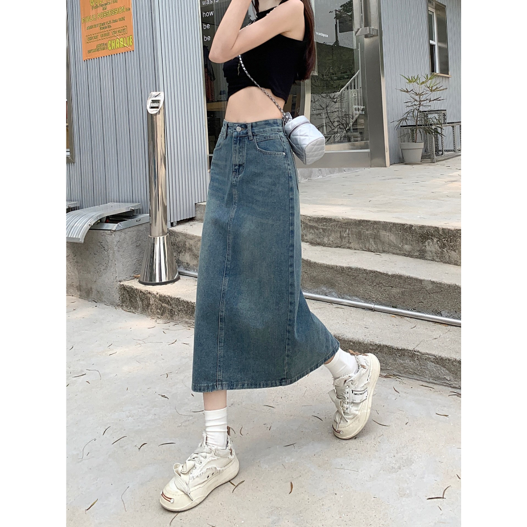 Chân váy bò denim jeans xanh dáng dài chữ A xẻ tà phía sau Hari GenZ Chanvayjeanxesau P11K1