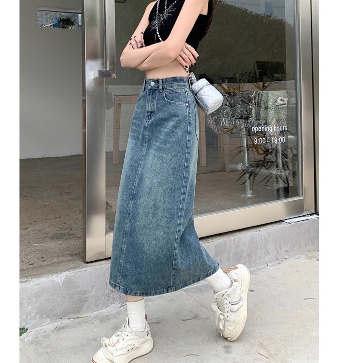 Chân váy bò denim jeans xanh dáng dài chữ A xẻ tà phía sau Hari GenZ Chanvayjeanxesau P11K1