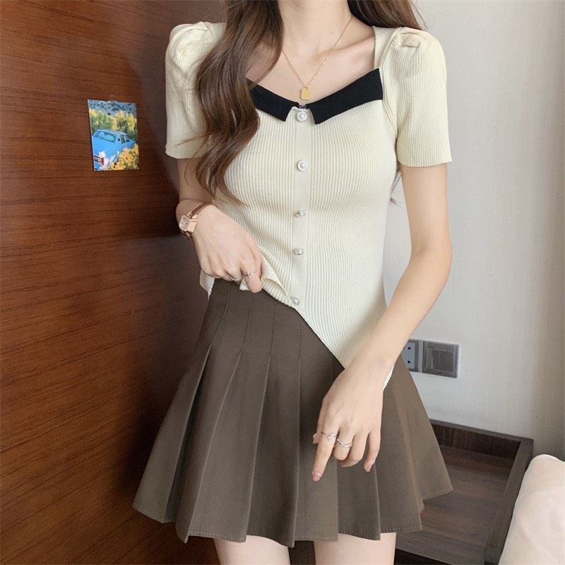 Áo len sweater tay ngắn cổ vuông phong cách Hari GenZ Aolenphoico P11K13