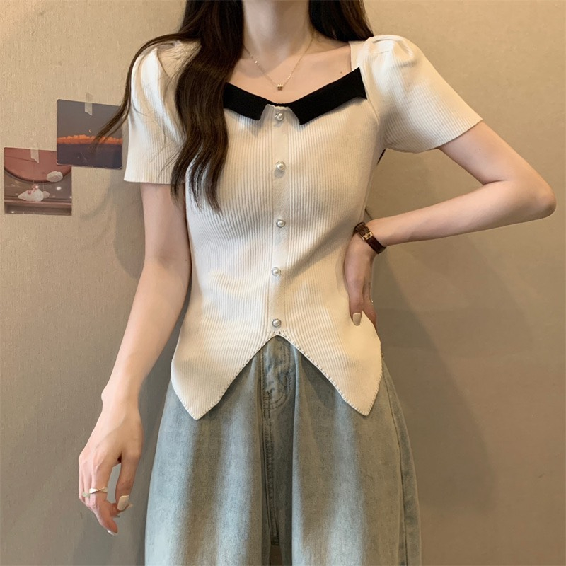 Áo len sweater tay ngắn cổ vuông phong cách Hari GenZ Aolenphoico P11K13