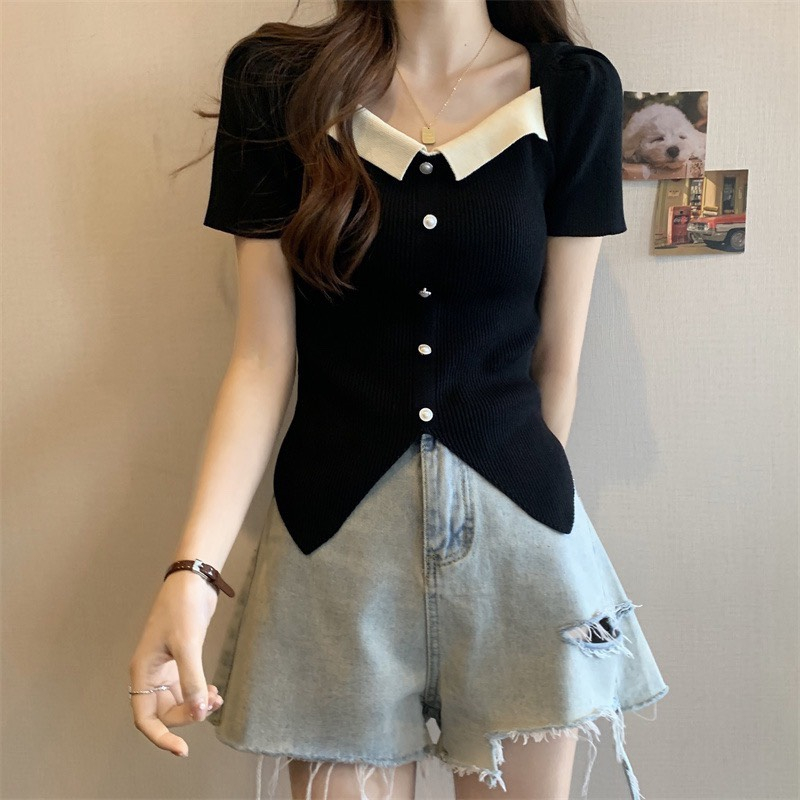 Áo len sweater tay ngắn cổ vuông phong cách Hari GenZ Aolenphoico P11K13