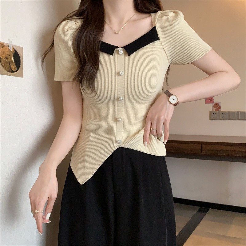 Áo len sweater tay ngắn cổ vuông phong cách Hari GenZ Aolenphoico P11K13