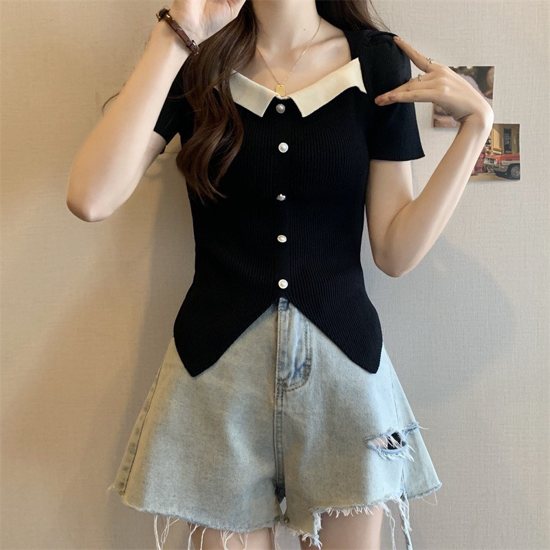 Áo len sweater tay ngắn cổ vuông phong cách Hari GenZ Aolenphoico P11K13