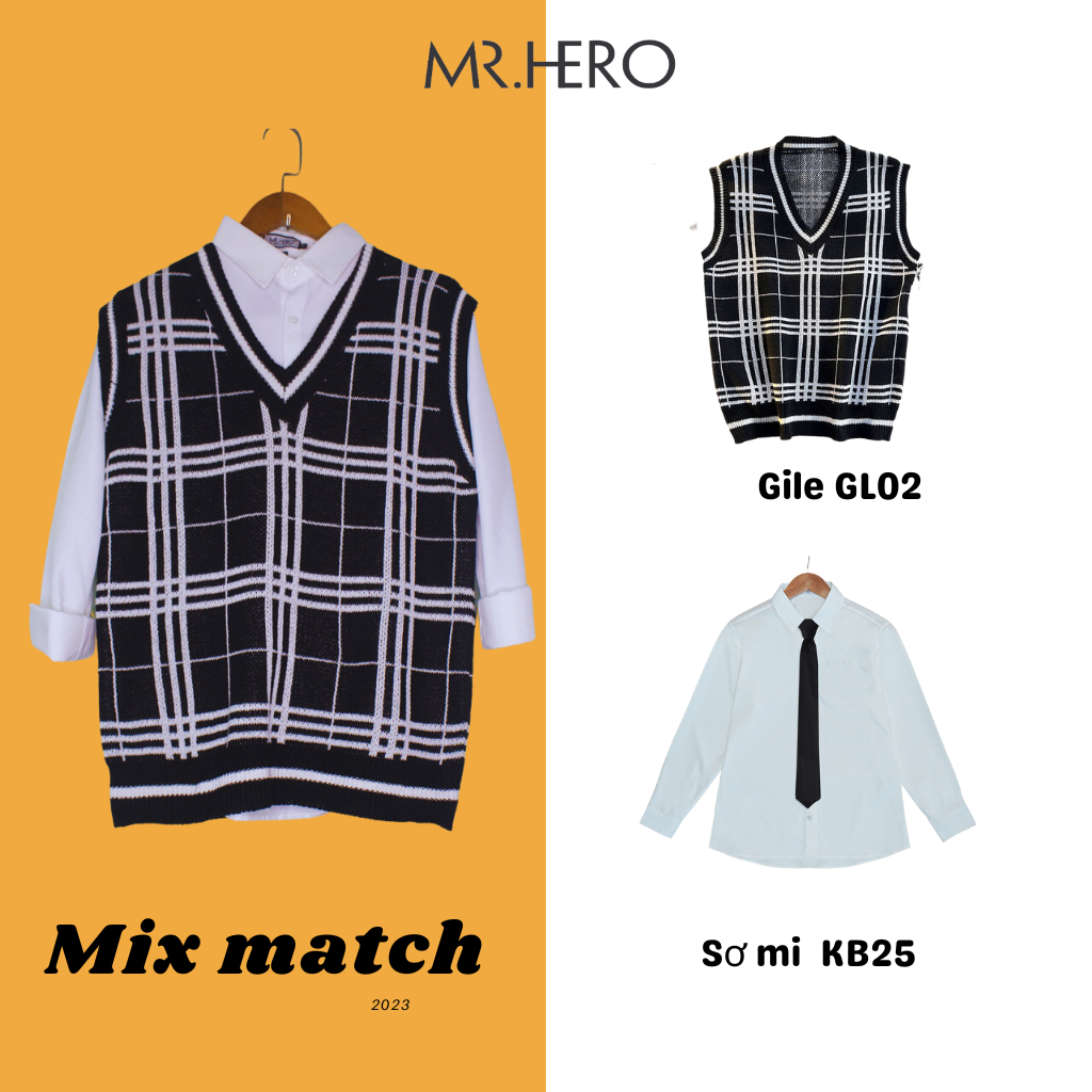 Áo len gile nam form rộng sweater caro không tay cổ tim GL02 M.RO màu đen trắng phong cách Hàn Quốc