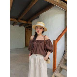 Áo trễ vai linen buộc nơ cổ a-3119 chalin mặc được 2 kiểu
