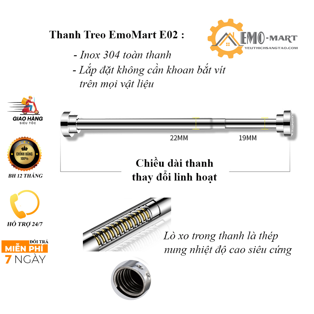 Thanh Treo Đa Năng EMOMART E02, Inox 304 không rỉ, Lắp đặt không cần khoan bắt vít có thể kéo ra thu vào theo size thanh