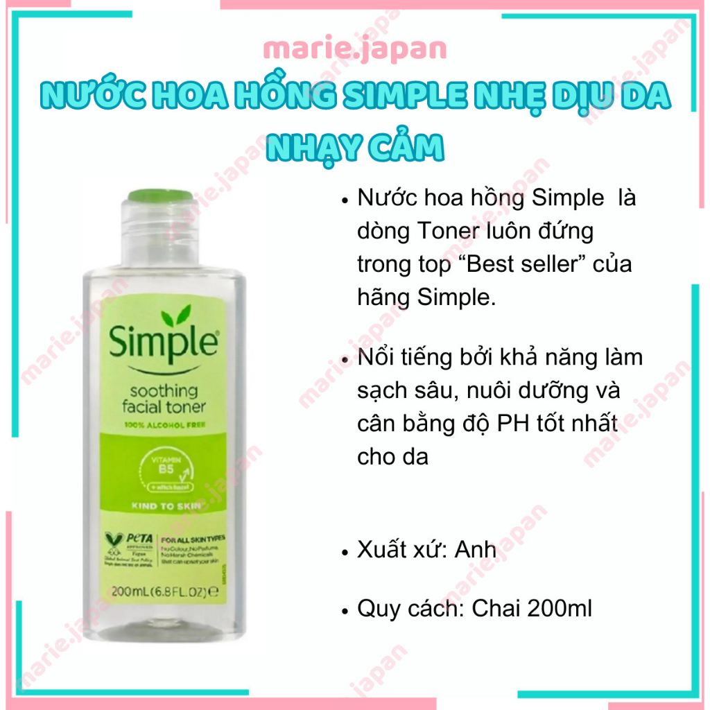 Nước Hoa Hồng SIMPLE Nhẹ Dịu Da Nhạy Cảm Soothing Facial Toner 200ml