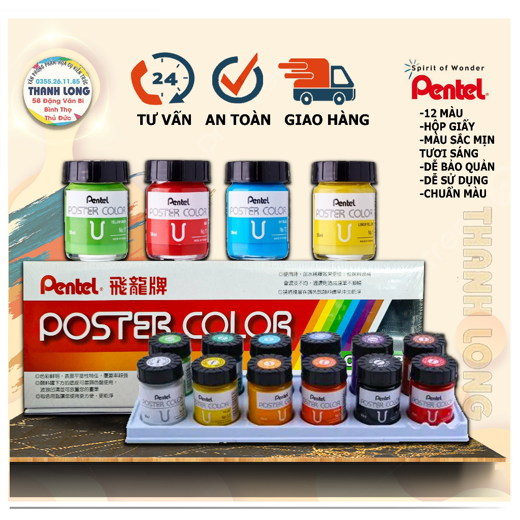 HCKT [THANH LONG] - Màu bộ Poster PENTEL 12 hũ - 30ml vẽ hội họa