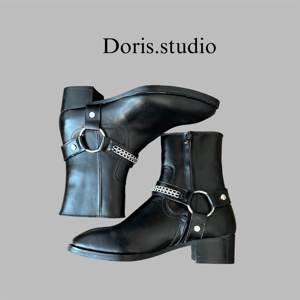 GIÀY HARNESS BOOT DÂY ĐAI XÍCH DA BÒ ĐẾ PHÍP GỖ