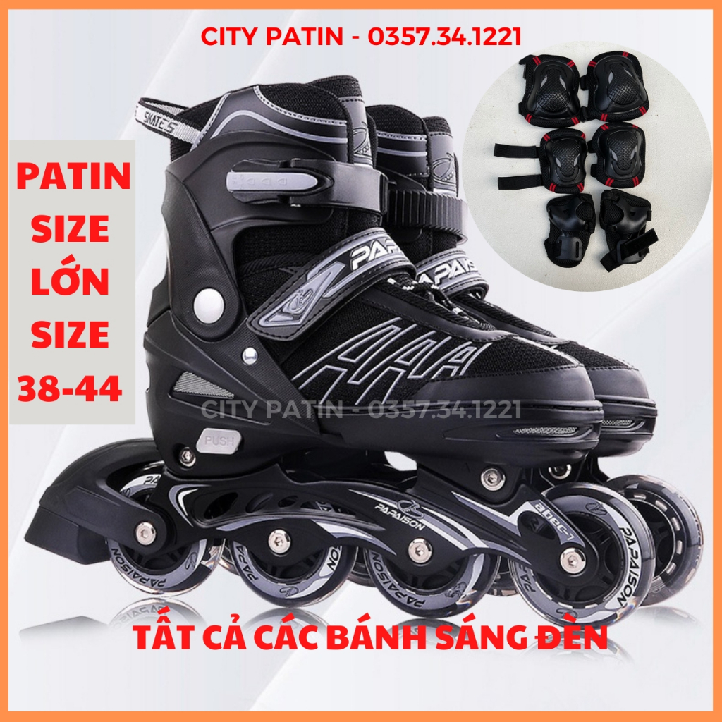 Giày trượt patin trẻ em, người lớn papaison size lớn, bánh cao su, patin đèn led sáng đèn, điều chỉnh tăng giảm được siz