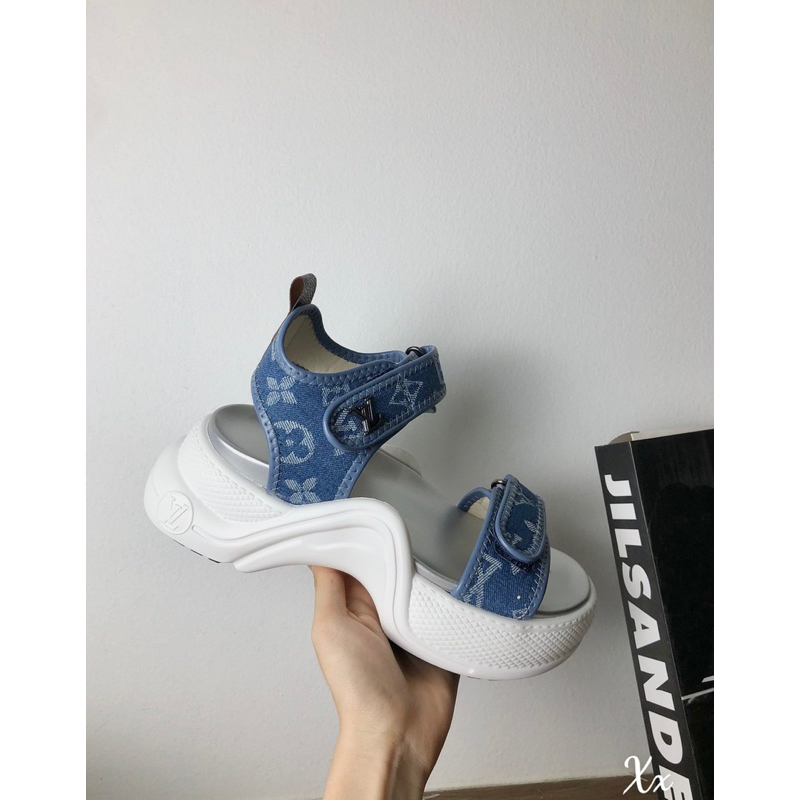 Sandal lv demin hoạ tiết quai dán ngang đế cao fullbox