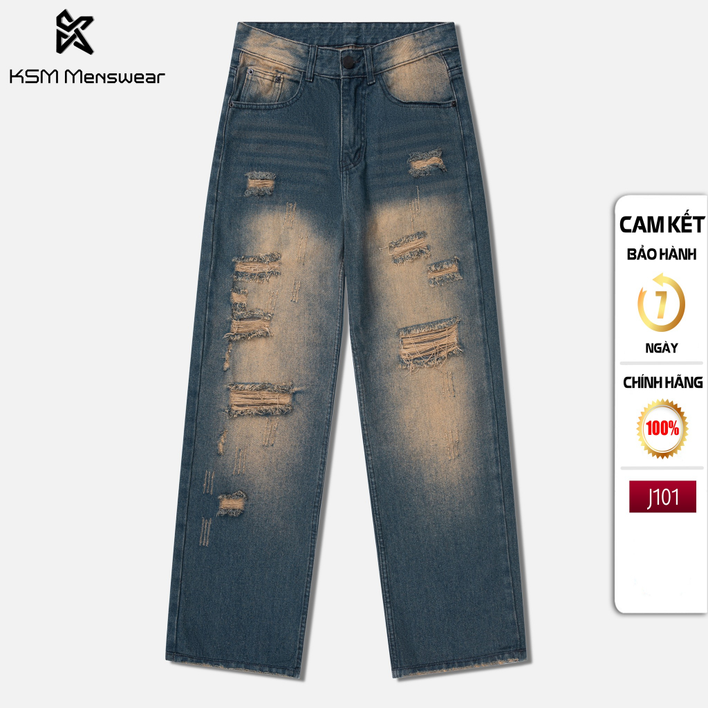 Quần Baggy Jeans Dài Nam KSM Wash Rách Gối Phom Suông Phong Cách Y2K J101