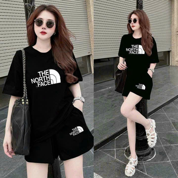Bộ short thun nữ logo TheNorth Fa.ce phối Quảng châu trẻ trung cá tính fom rộng
