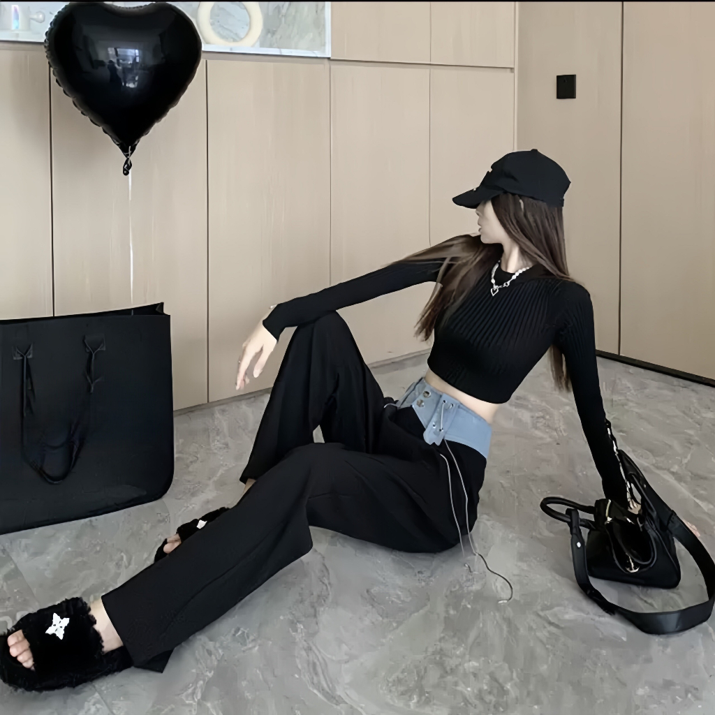 Quần suông ống rộng Cạp phối màu dây rút phong cách Hàn Quốc Kanimi