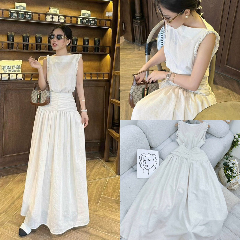 set áo tay xoắn + chân váy nhíu eo
