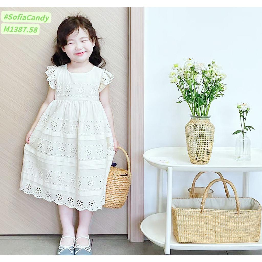 Đầm trắng thêu hoa chất thô boil cao cấp cho bé gái - Gạokidclothes