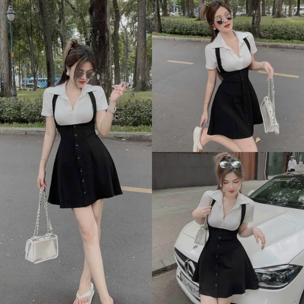 Set váy yếm đính nút kèm áo sơ mi xinh xắn dành cho các nàng diện đi chơi, đi tiệc, thời trang nữ MOON