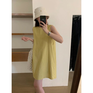 Váy m.c vàng cổ tròn không tay dáng ngắn basic