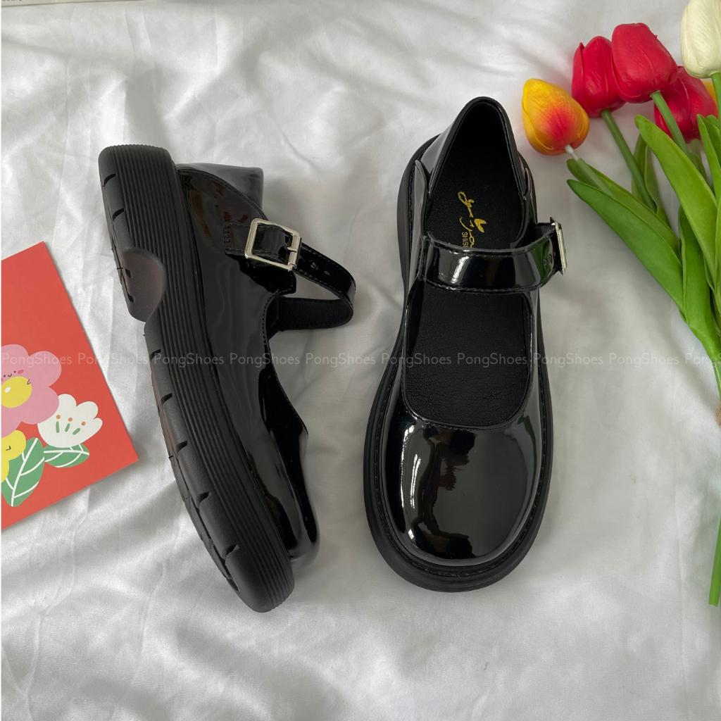 Giày búp bê Pong Shoes phong cách Ulzzangs màu đen be  FULL HỘP Mã 1322